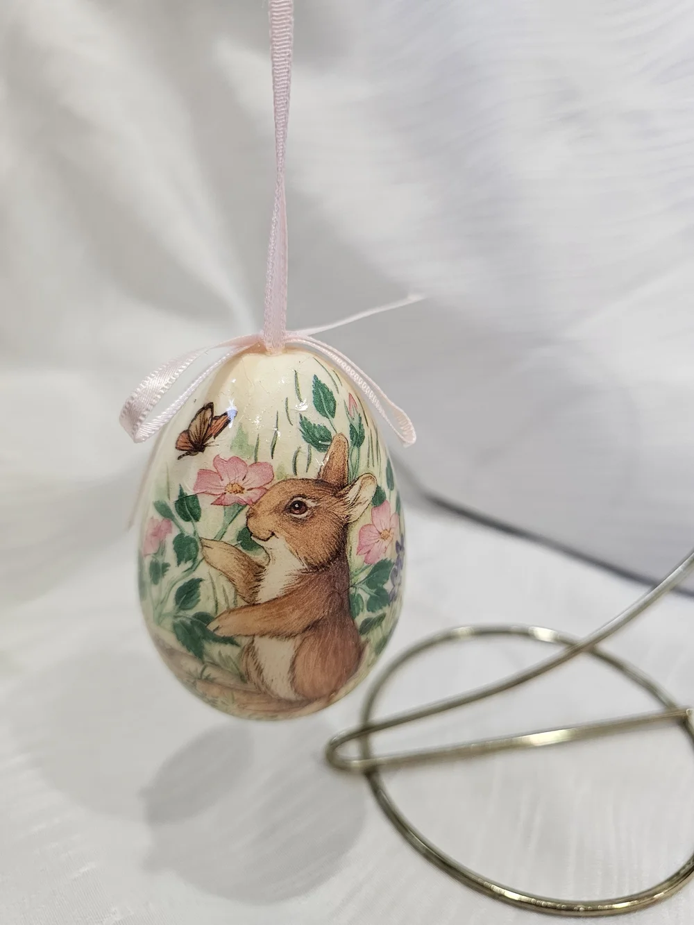 Vintage Paper Mache Bunny Floral Easter Hanging Egg Ornament - Pink Ribbon